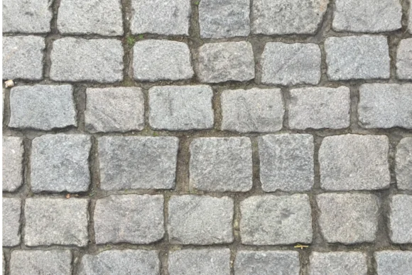 Ein gepflasterter Weg aus grauen Pflastersteinen.